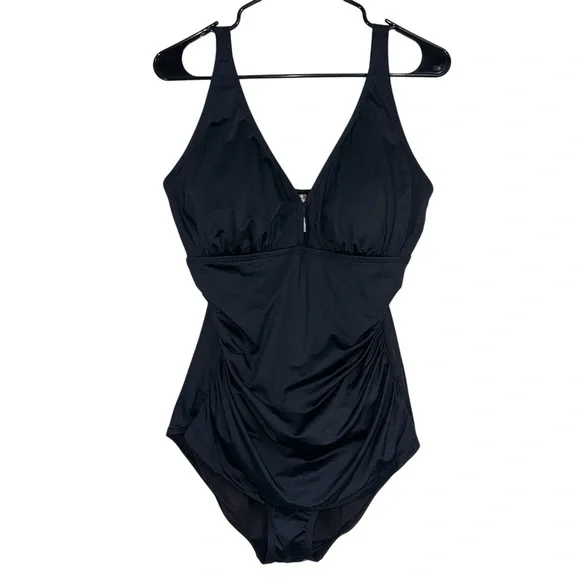 Women’s Tommy Bahama Black Pearl Ruched V-neck One Piece Swimsuit - Picture 2 of 10